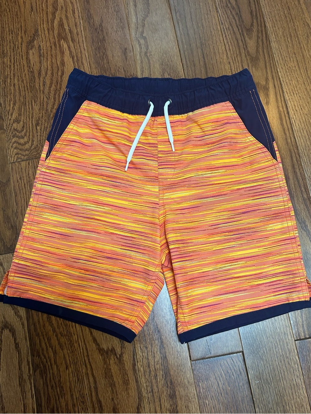 Lands' End Boy’s Orange Striped Swim Trunks with Navy Size L 10-12